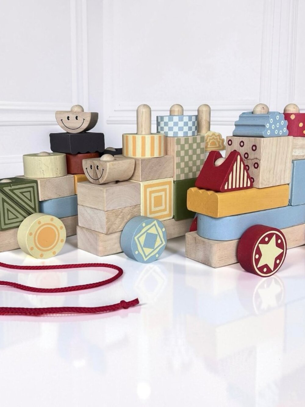 Vintage Wooden Rolling Train Block Building Set 3 Cars Plus 36 Wood Pieces